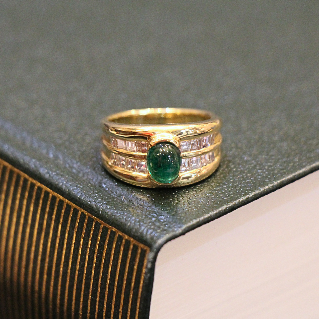 18ct Gold Cabochon Emerald and Diamond Band Ring