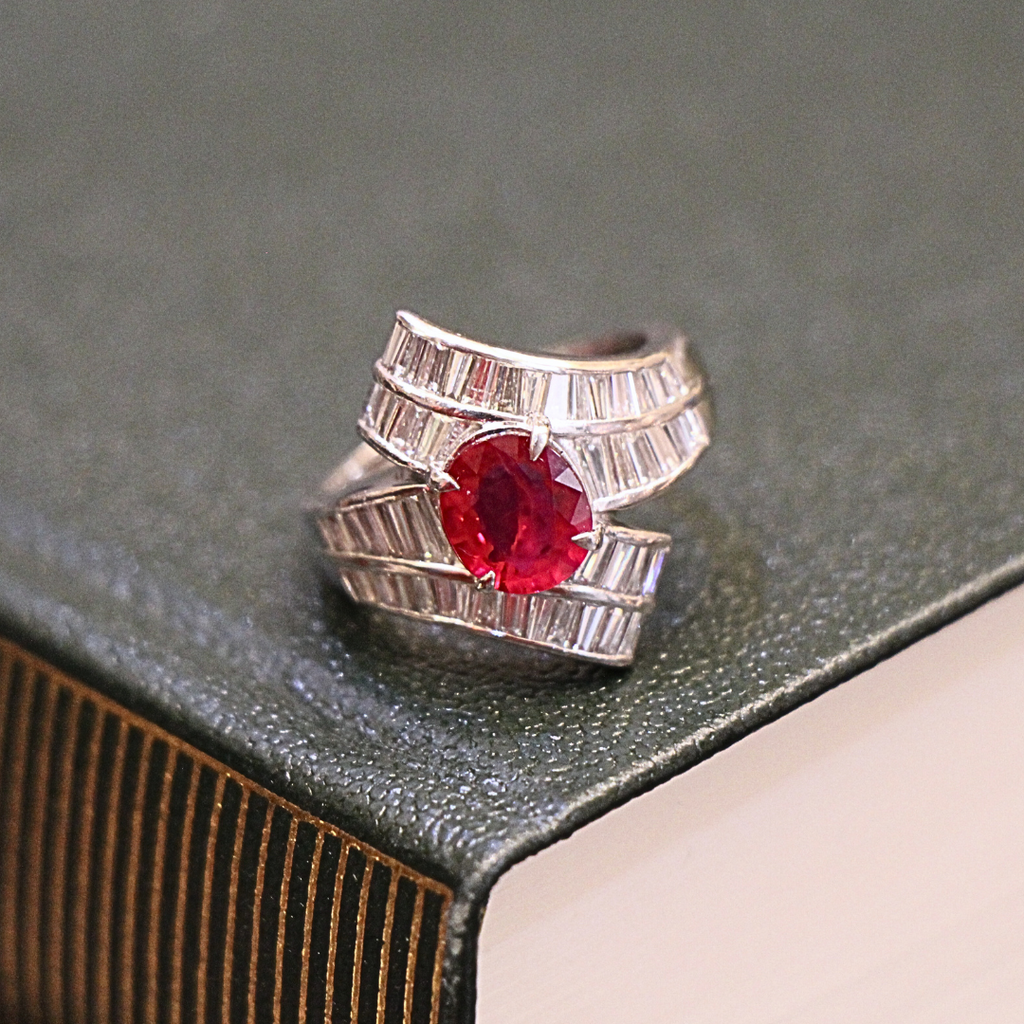 Platinum Ruby and Diamond Baguette Ring