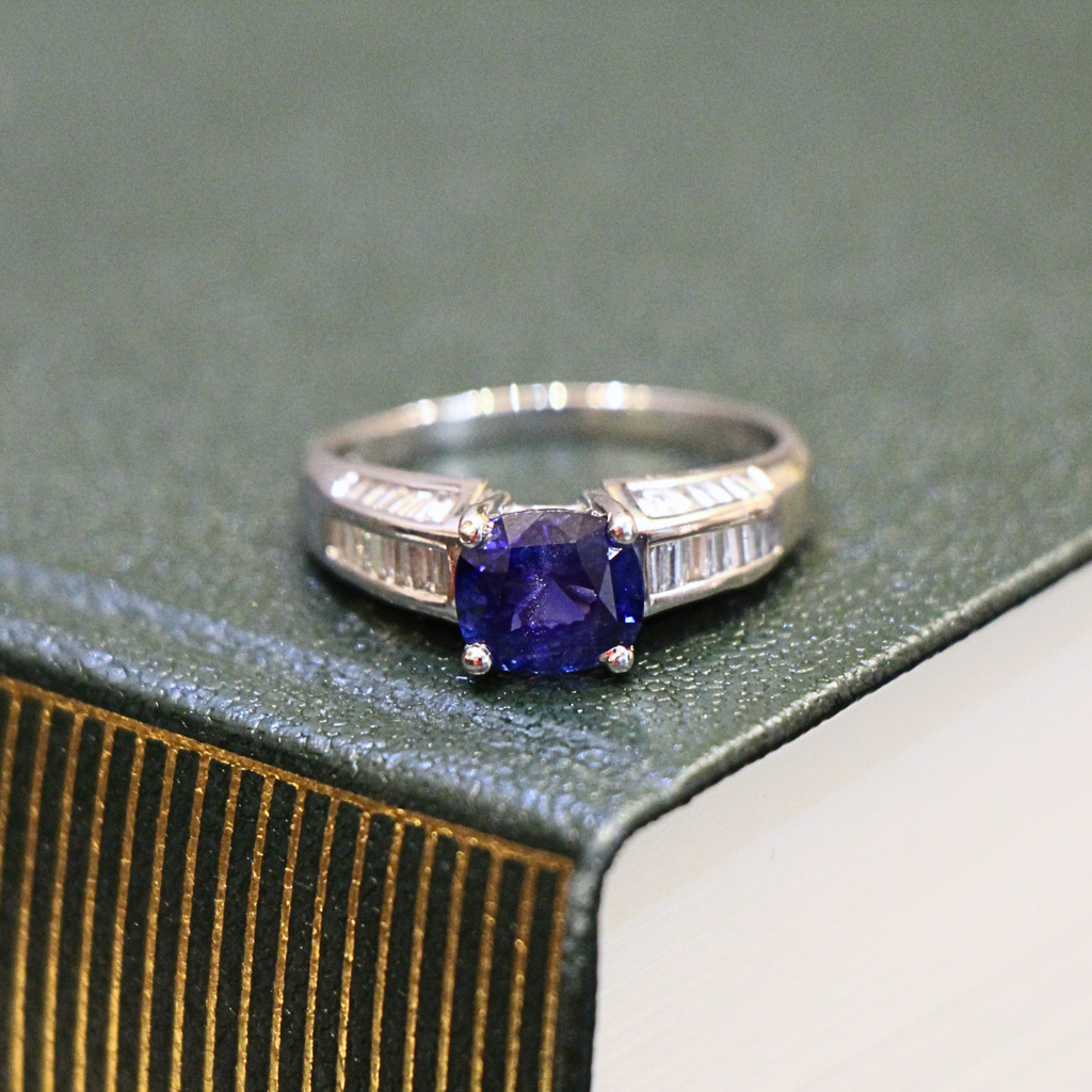 Platinum Sapphire and Diamond Baguette Ring
