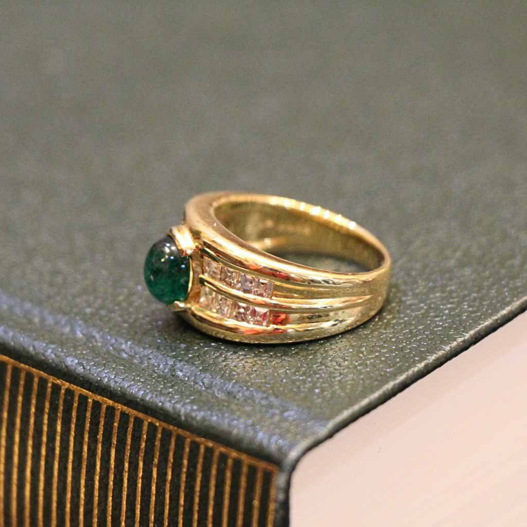 18ct Gold Cabochon Emerald and Diamond Band Ring