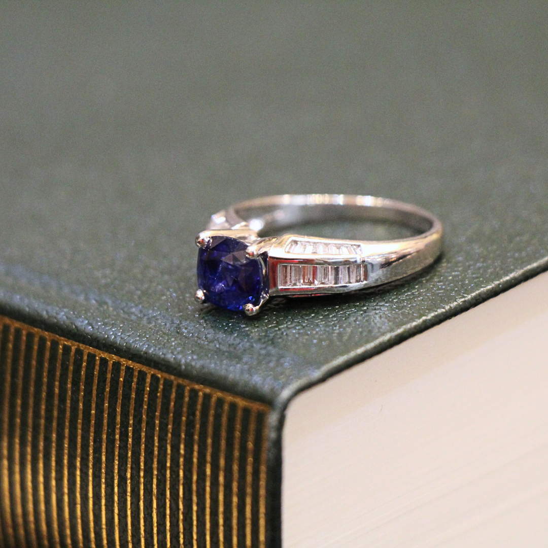 Platinum Sapphire and Diamond Baguette Ring