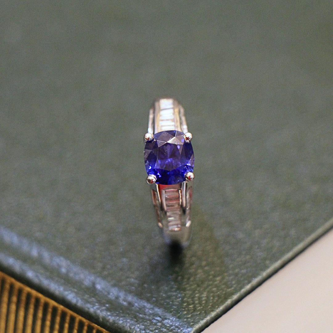 Platinum Sapphire and Diamond Baguette Ring