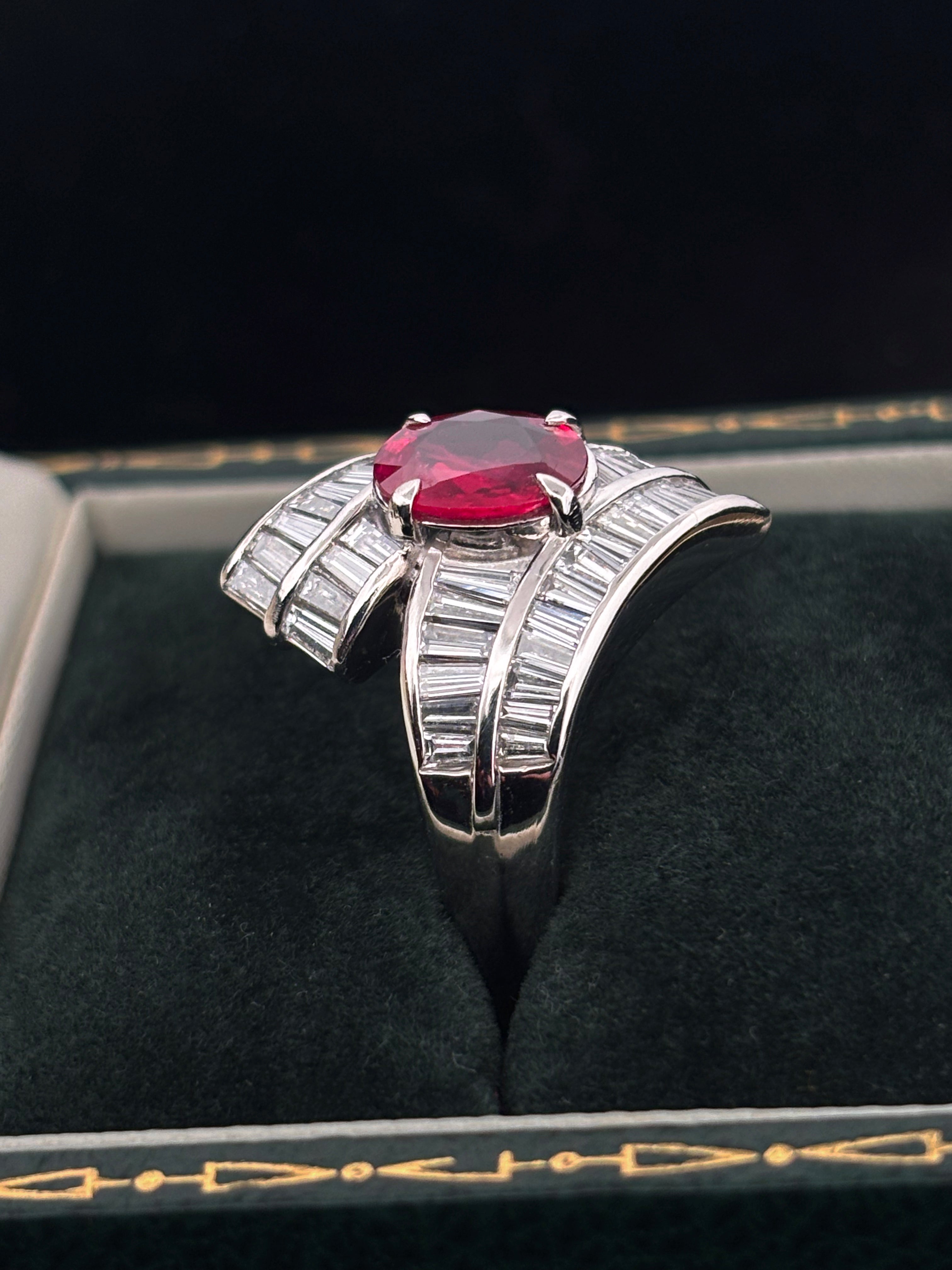 Platinum Ruby and Diamond Baguette Ring