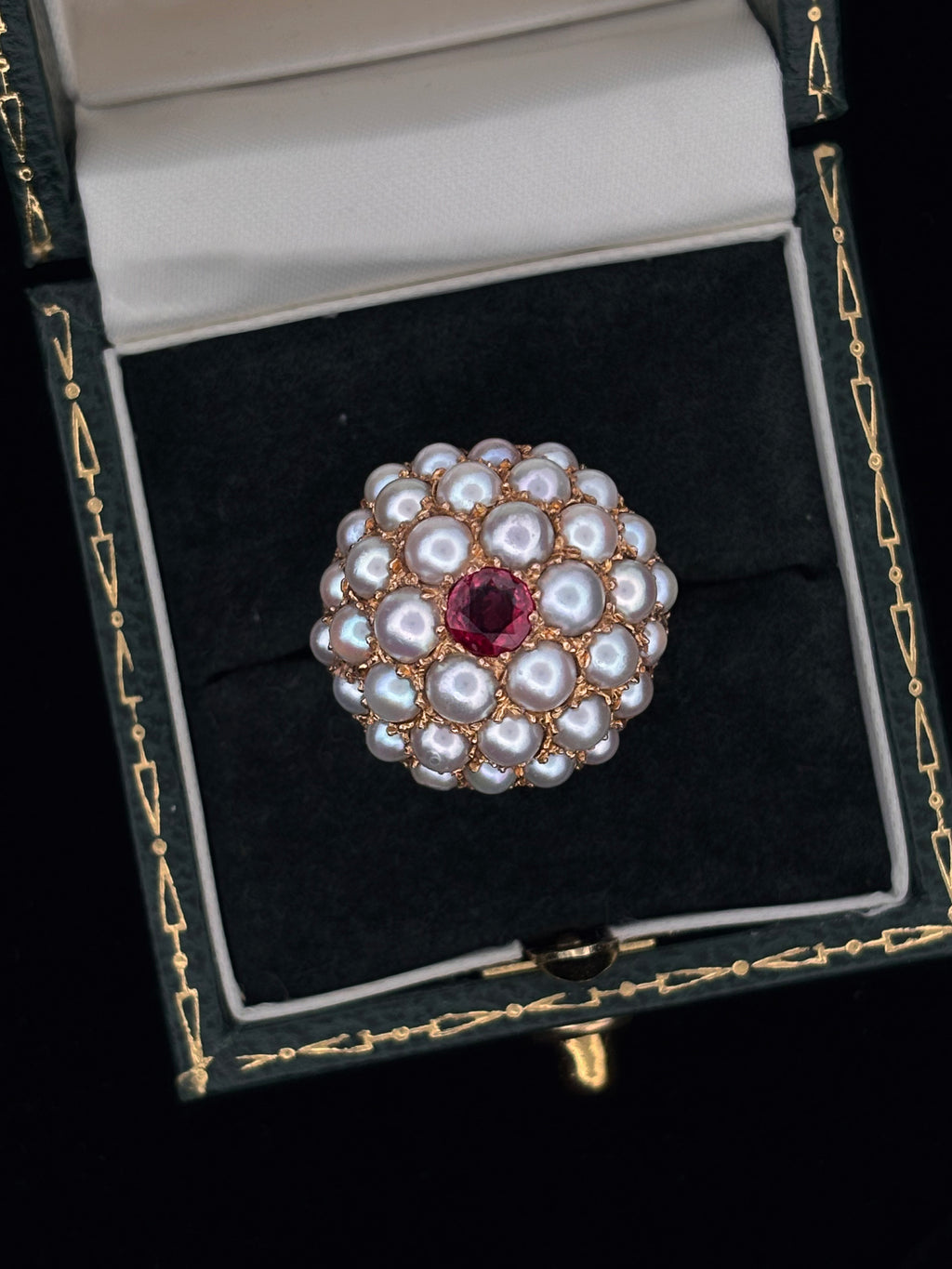 Vintage Cocktail Pearl and Ruby Dome Ring