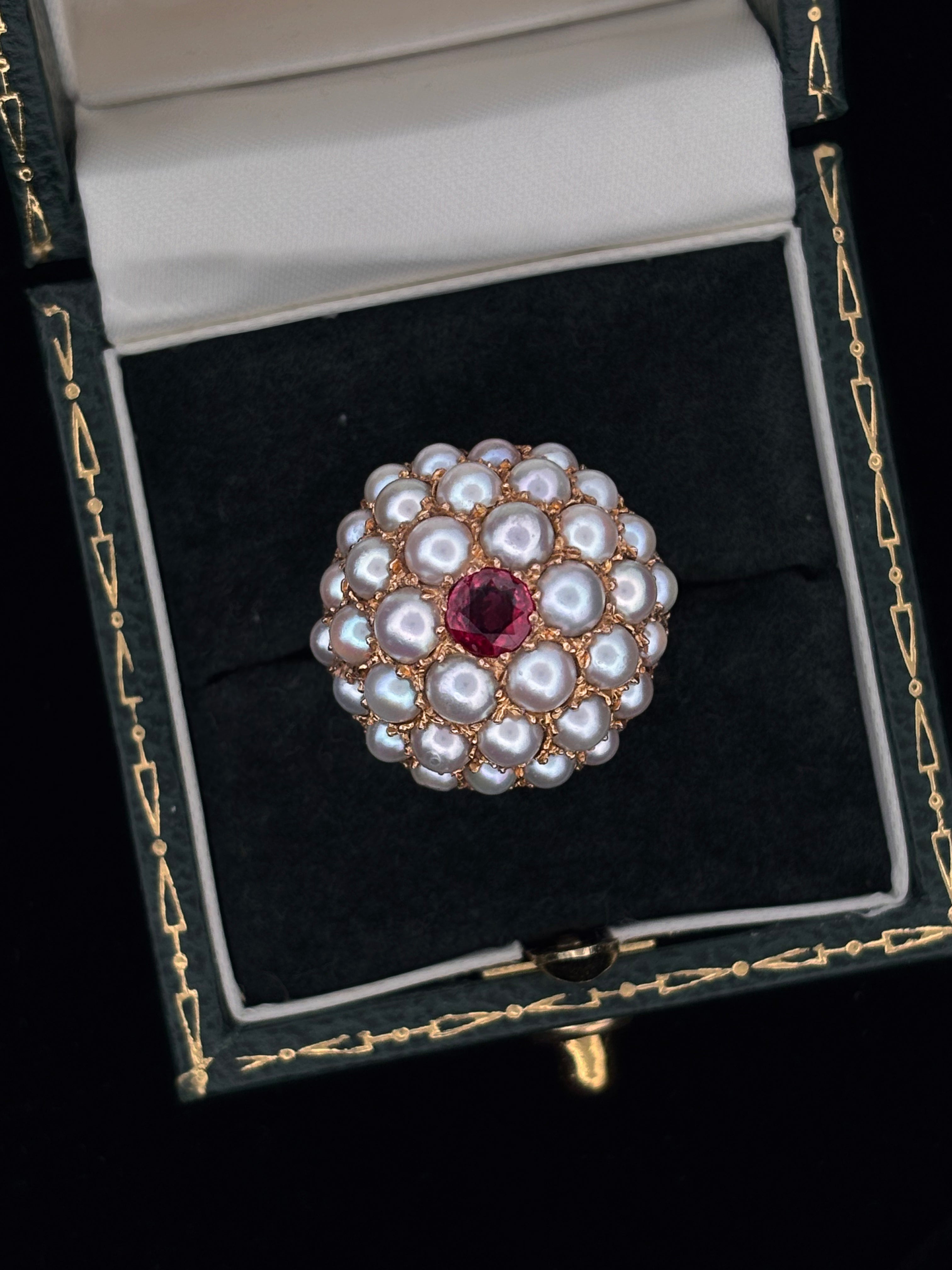 Vintage Cocktail Pearl and Ruby Dome Ring