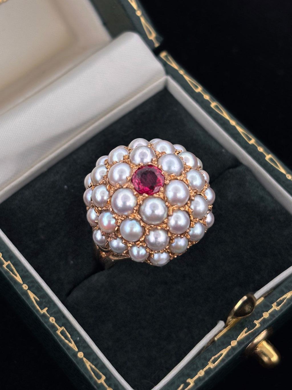 Vintage Cocktail Pearl and Ruby Dome Ring