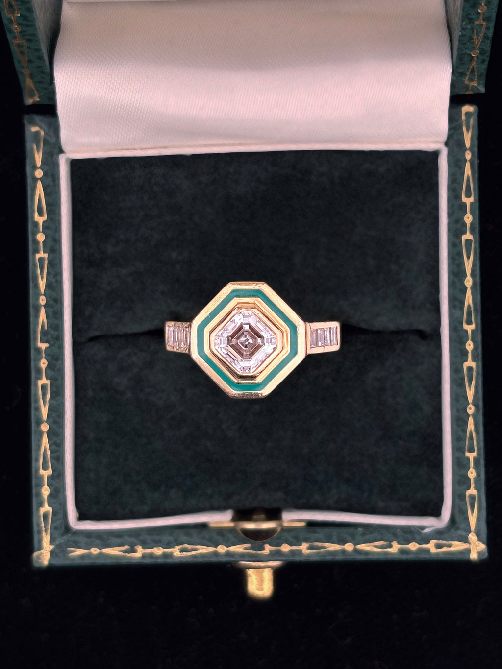 1.8ct Asscher Cut Diamond & Green Enamel Ring