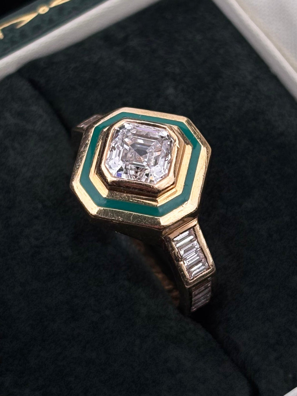 1.8ct Asscher Cut Diamond & Green Enamel Ring