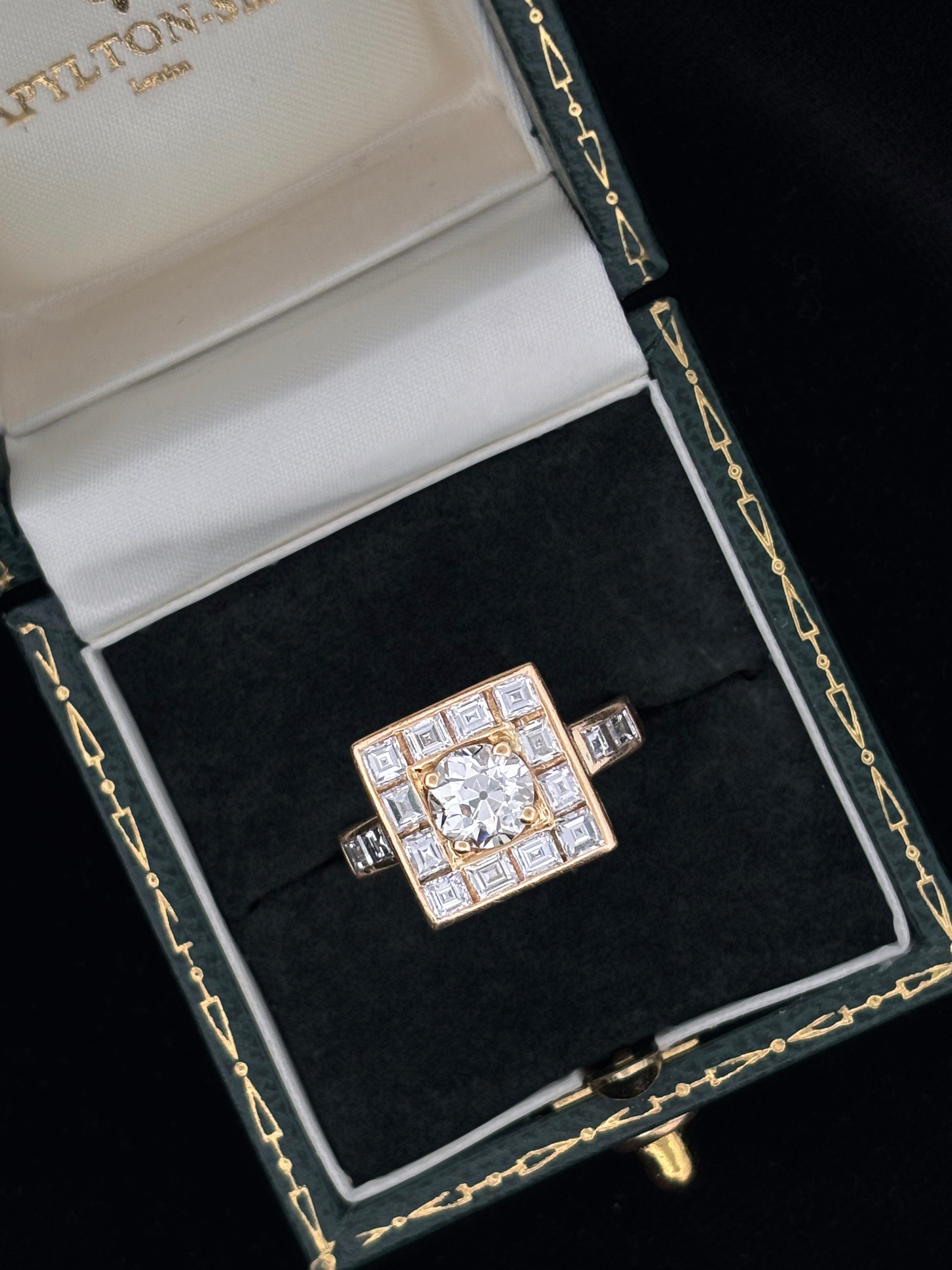 Vintage 1.20ct Old European Diamond Square Halo Ring