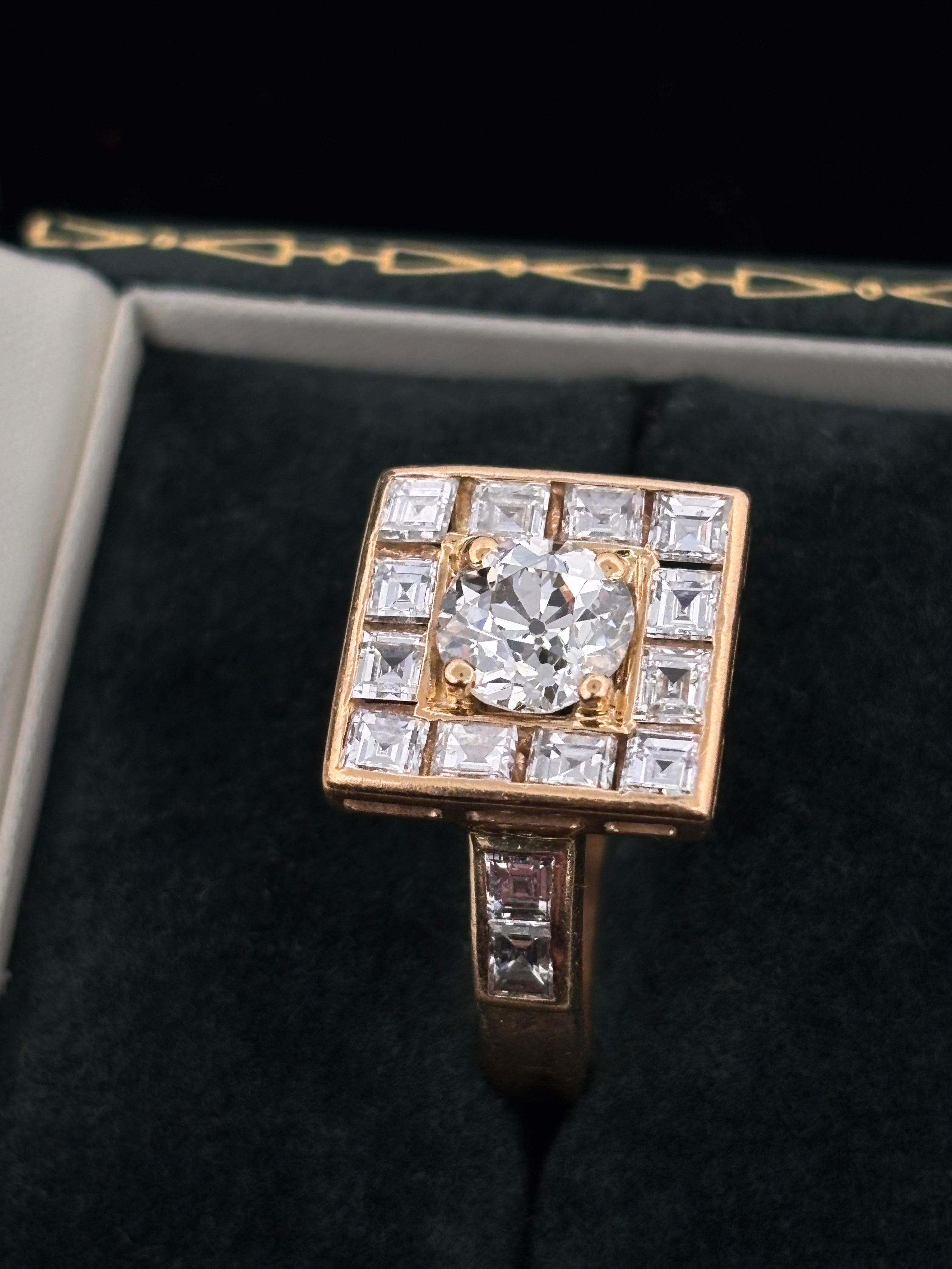 Vintage 1.20ct Old European Diamond Square Halo Ring