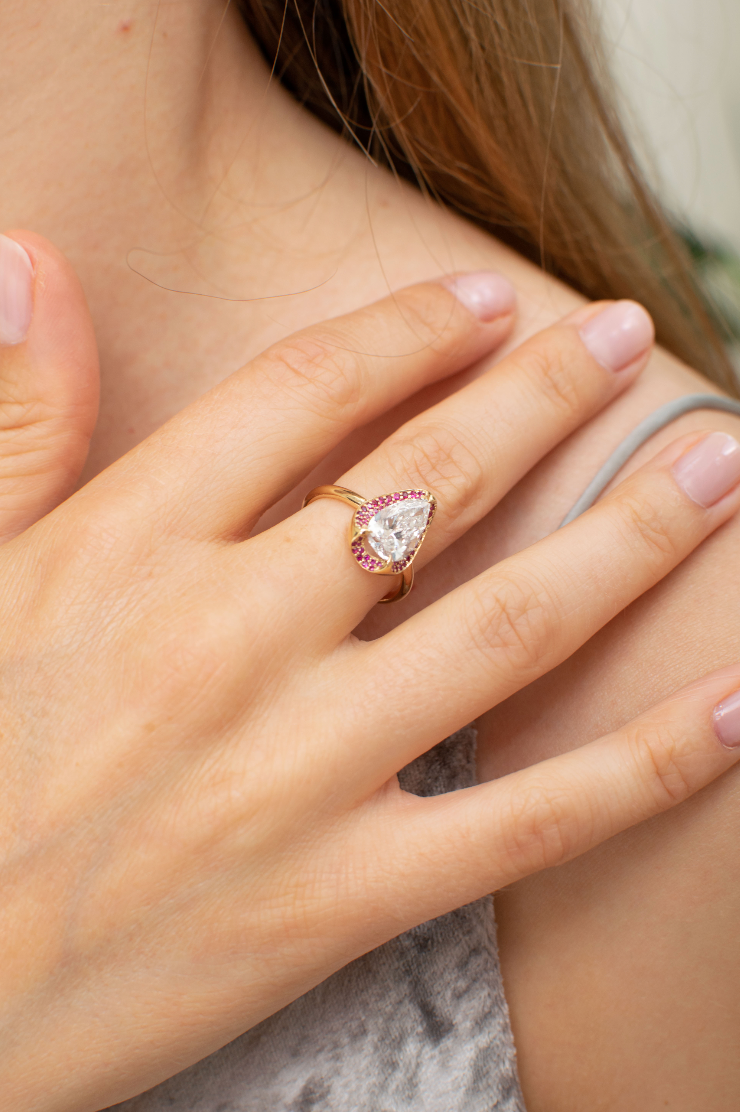 Pear Shape Ruby & Diamond Pliers Engagement Ring