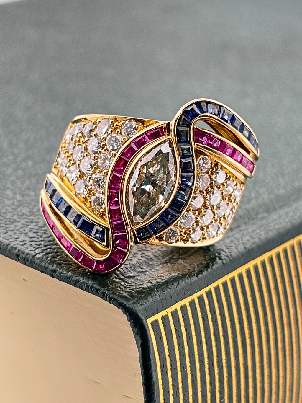 Cocktail Marquise Diamond, Sapphire & Ruby Ring