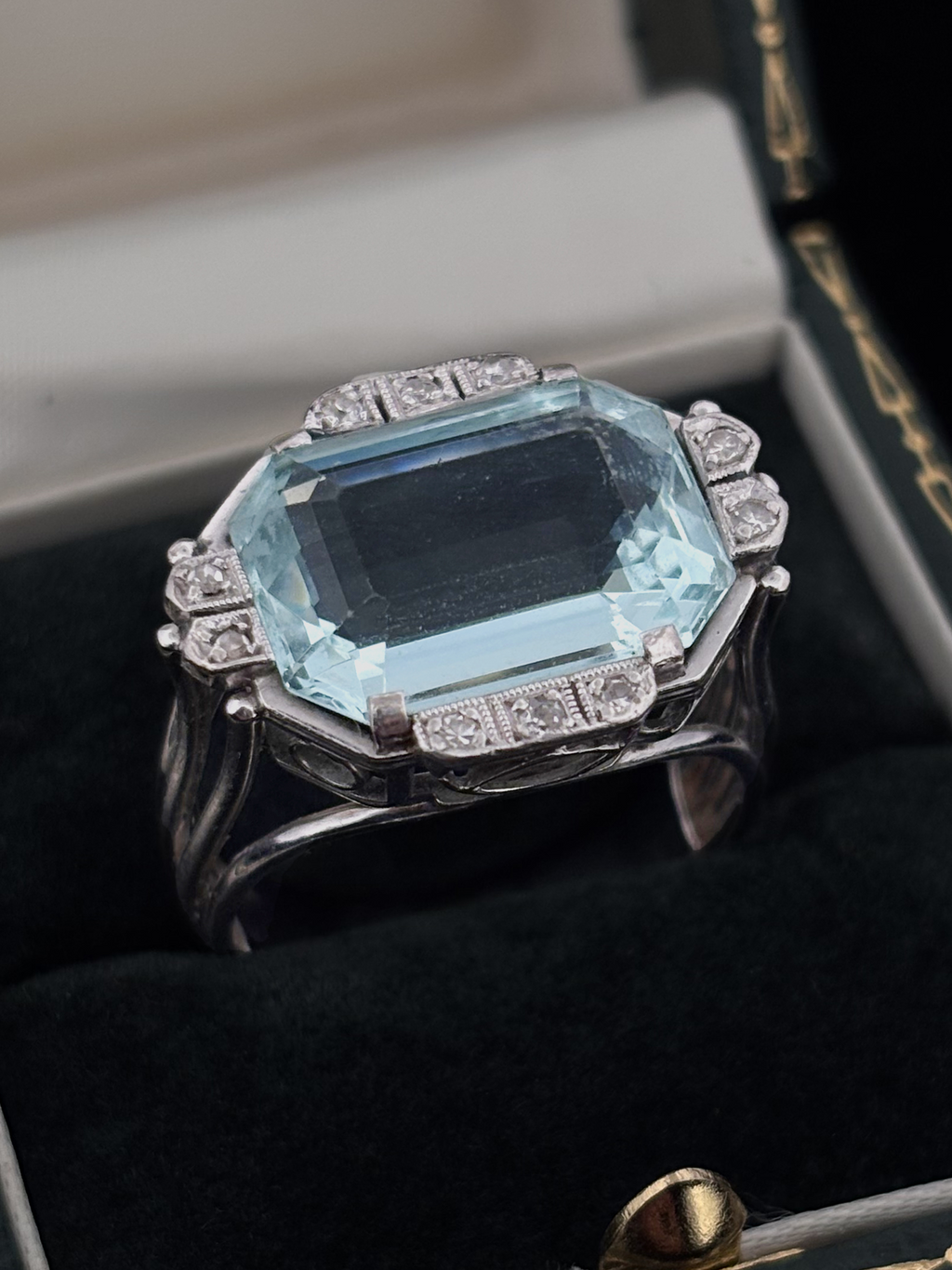 RARE East-West Vintage Aquamarine and Diamond Ring