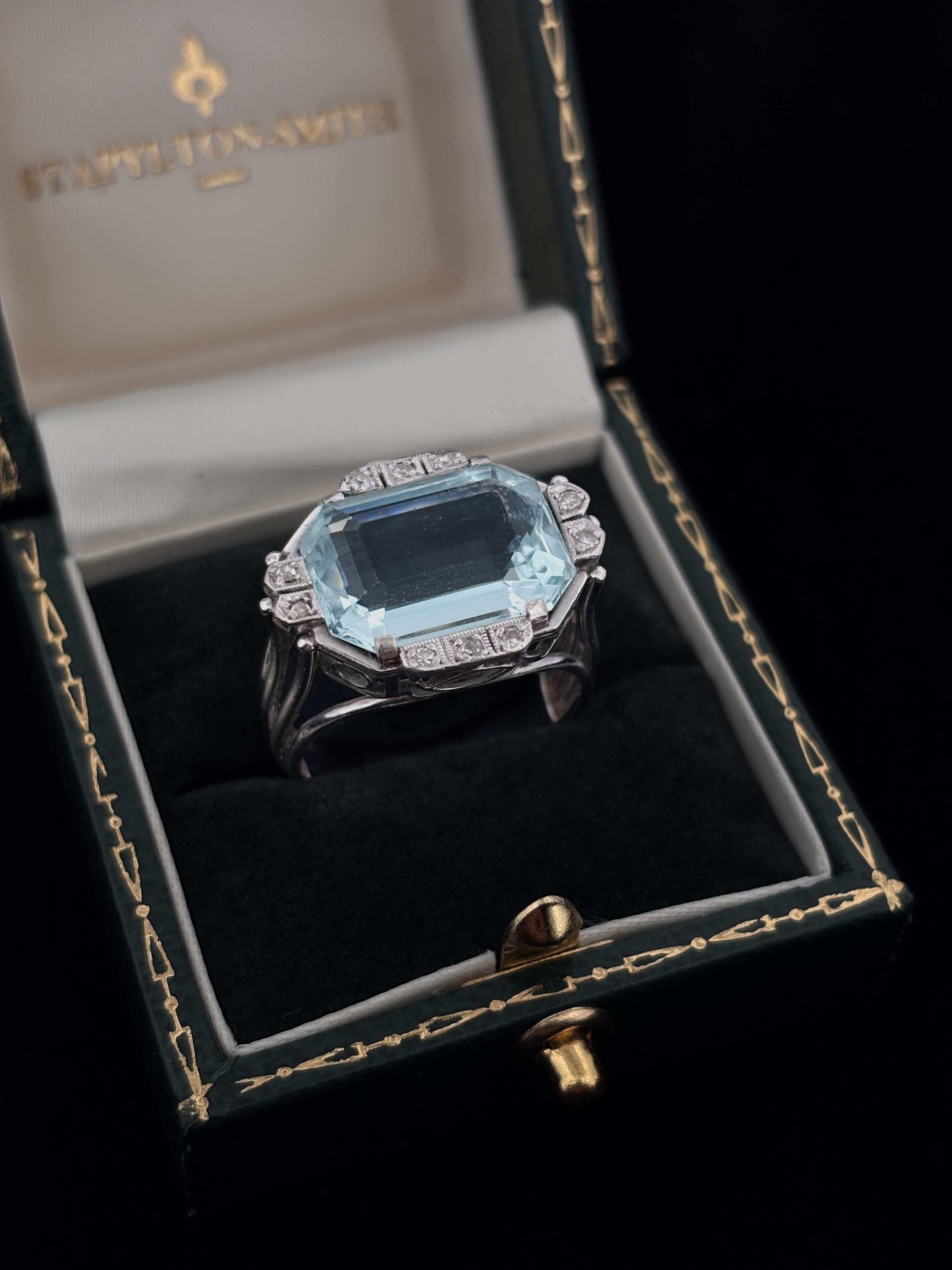 RARE East-West Vintage Aquamarine and Diamond Ring
