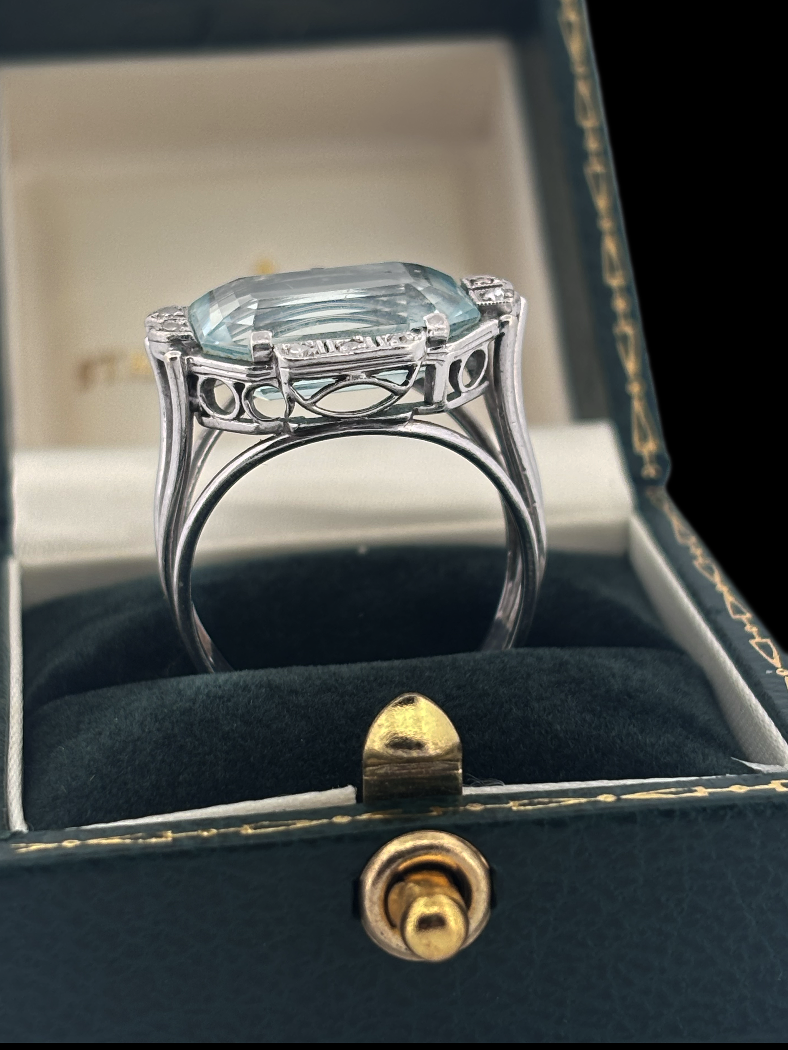 RARE East-West Vintage Aquamarine and Diamond Ring