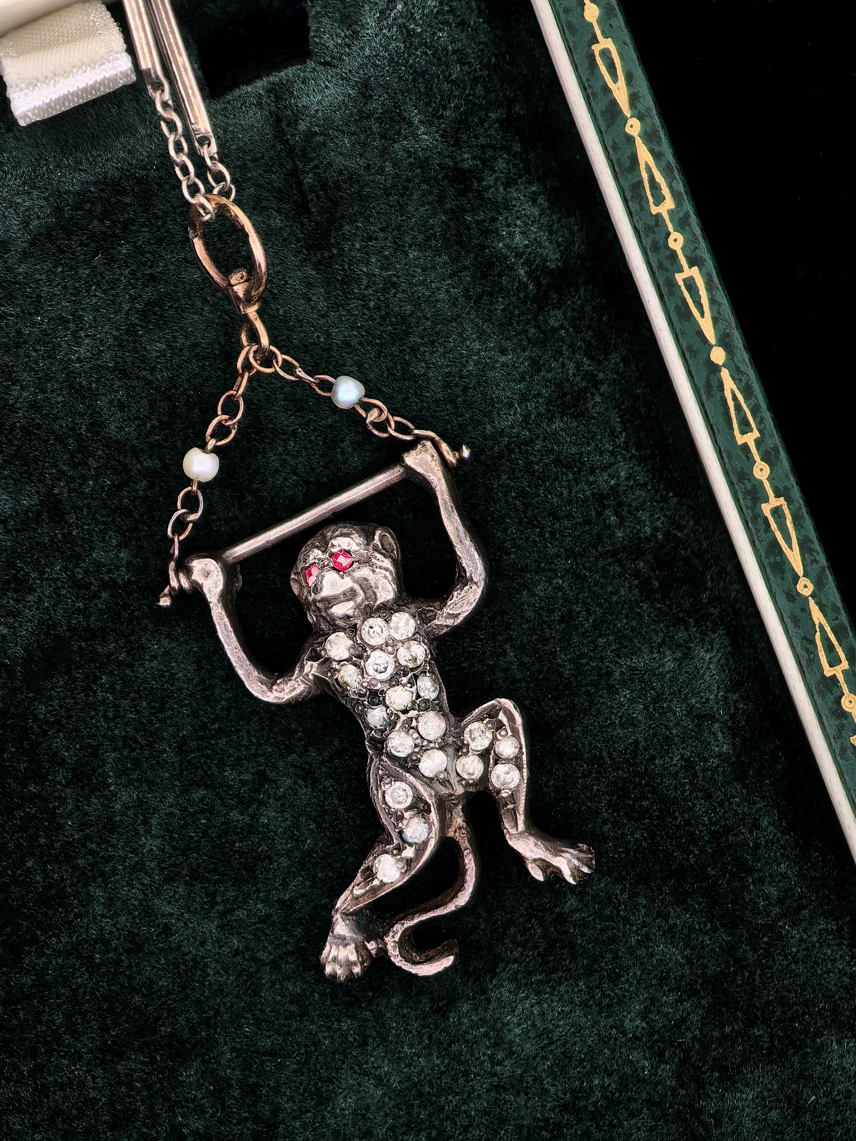 Antique Diamond and Ruby Monkey Pendant with chain