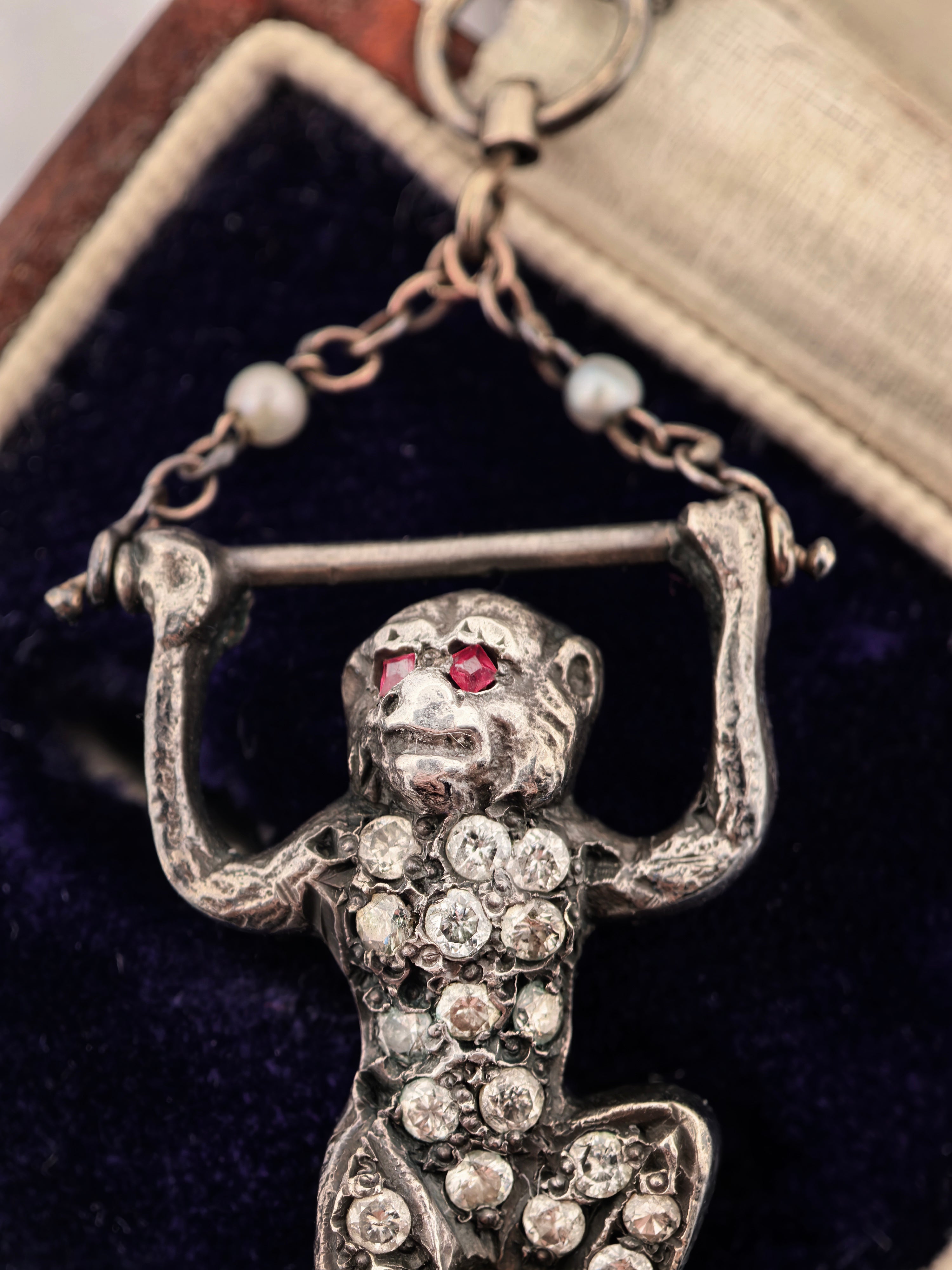 Antique Diamond and Ruby Monkey Pendant with chain