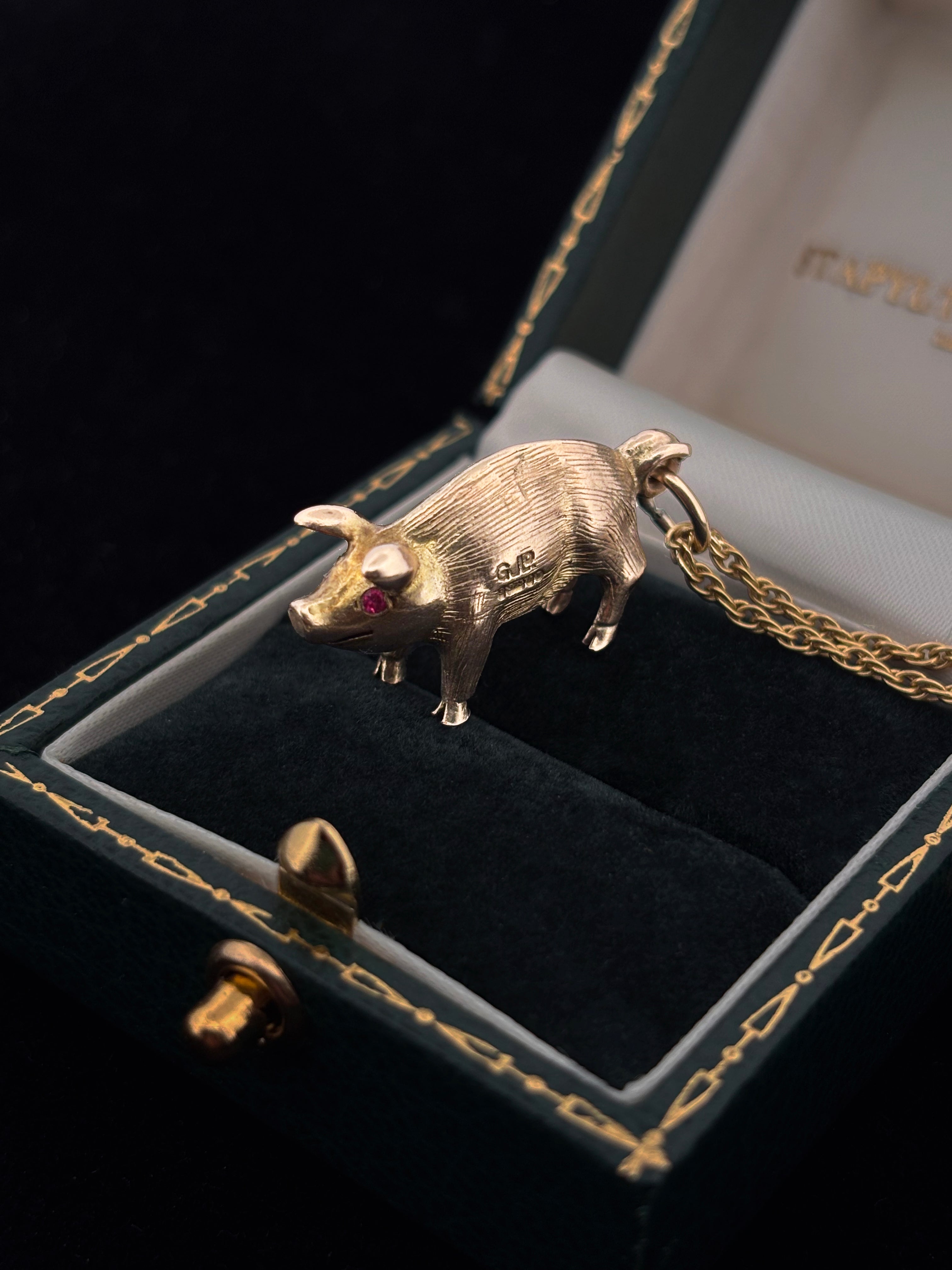 Gold Pig Charm 9ct with Ruby Eyes