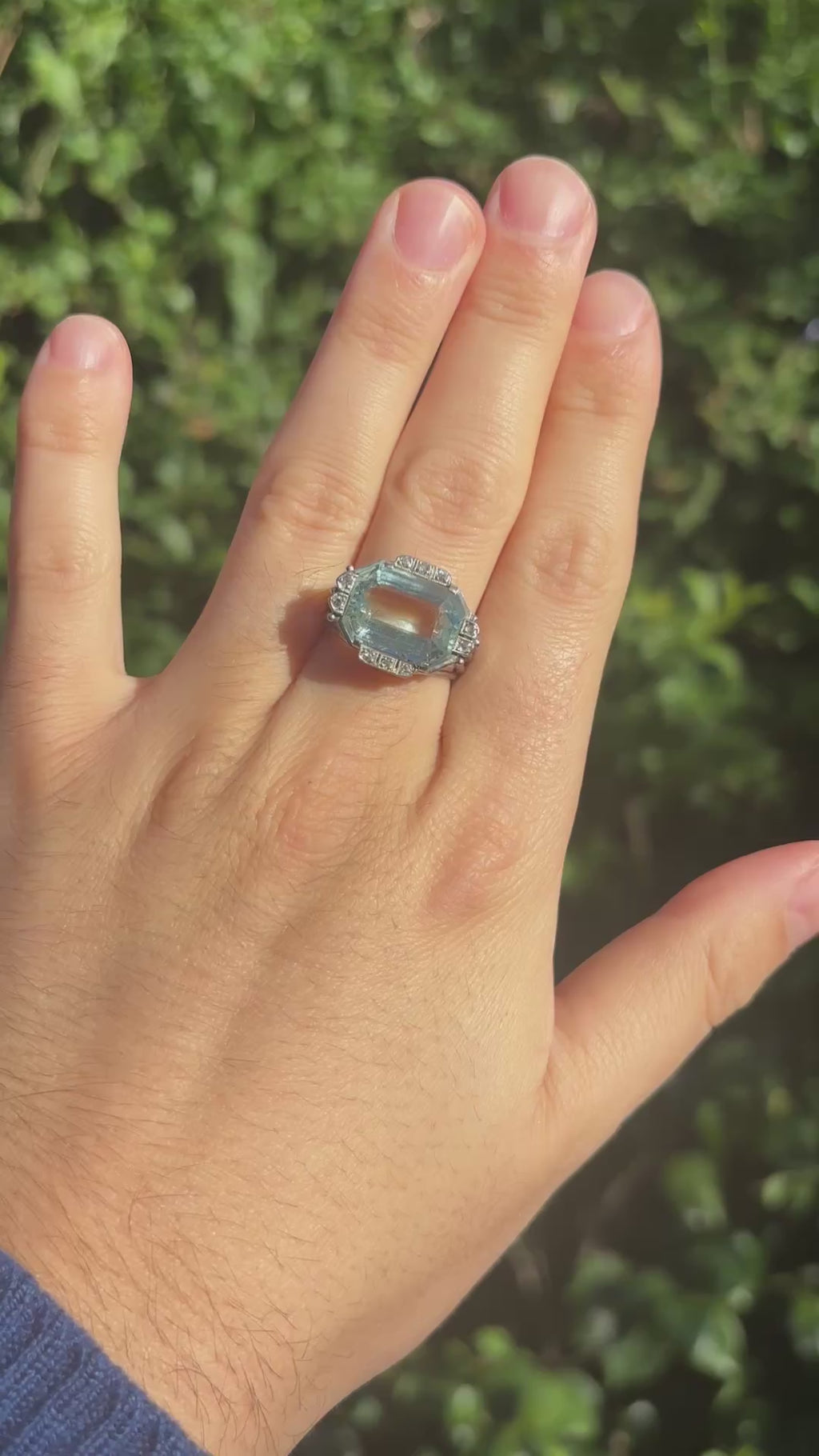 RARE East-West Vintage Aquamarine and Diamond Ring