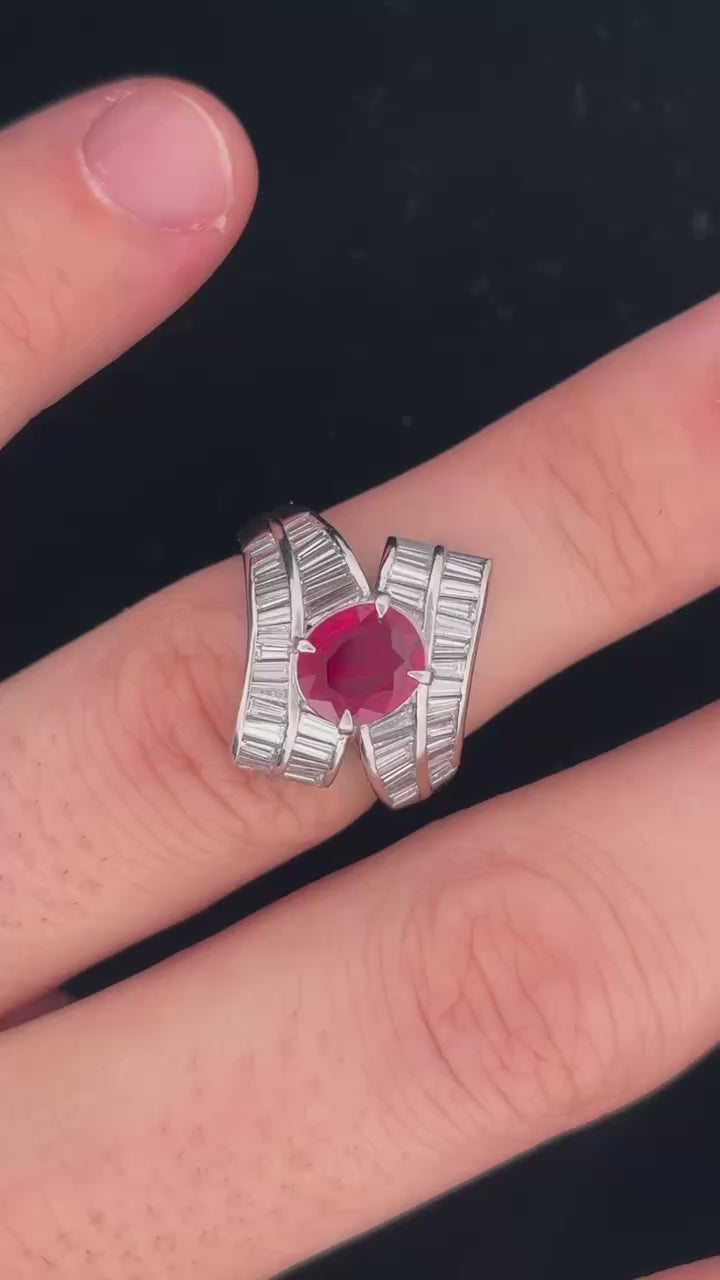 Platinum Ruby and Diamond Baguette Ring