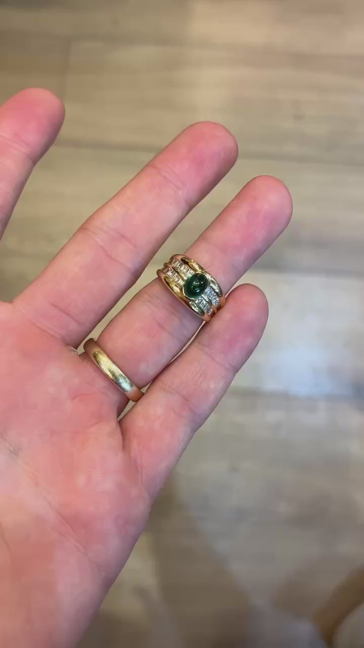 18ct Gold Cabochon Emerald and Diamond Band Ring