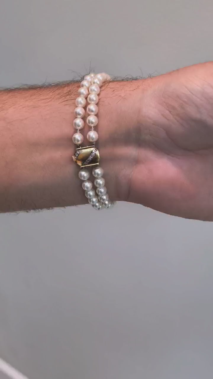 Double-Strand Pearl Bracelet with Gold & Diamond Clasp