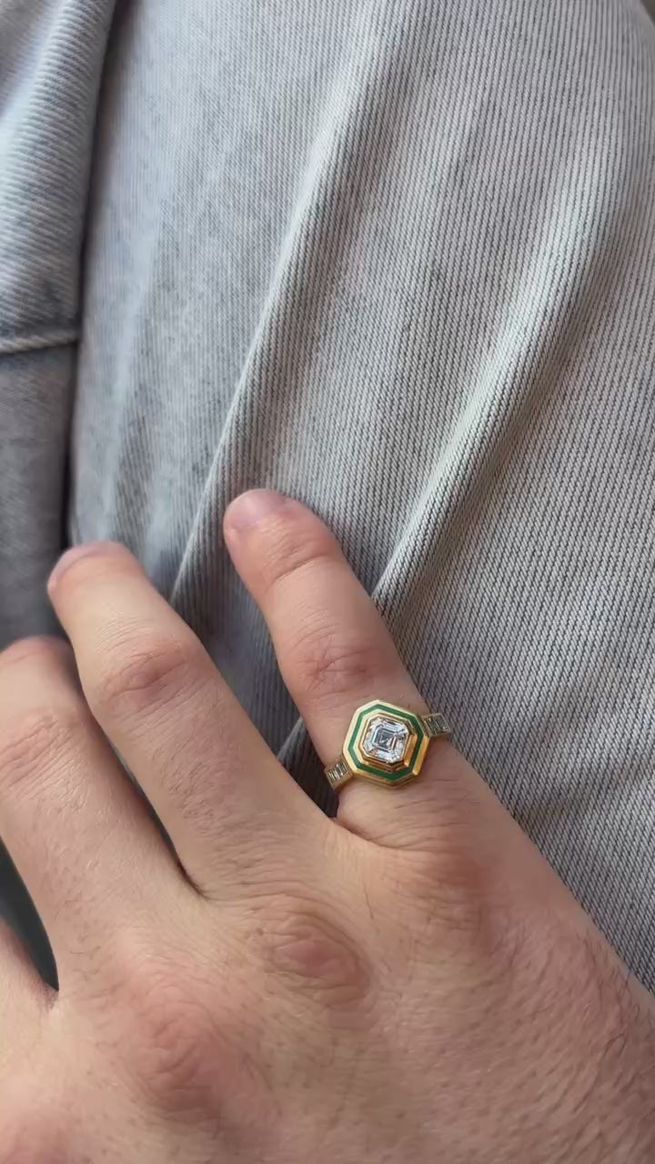 1.8ct Asscher Cut Diamond & Green Enamel Ring