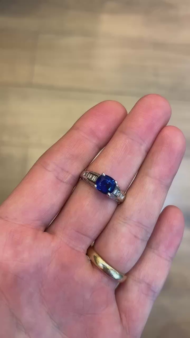 Platinum Sapphire and Diamond Baguette Ring