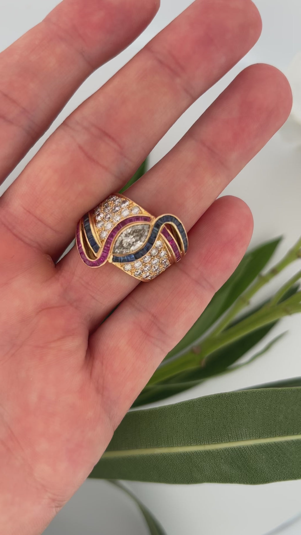 Cocktail Marquise Diamond, Sapphire & Ruby Ring